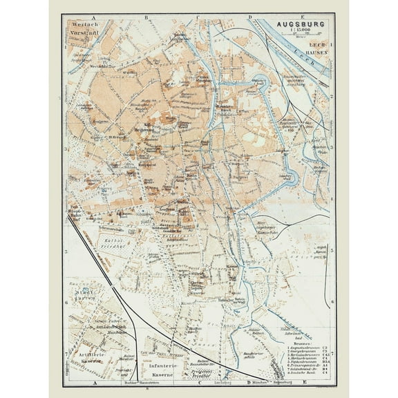Historic Map - Augsburg Germany - Baedeker 1914 - 23 x 30.47 - Vintage Wall Art