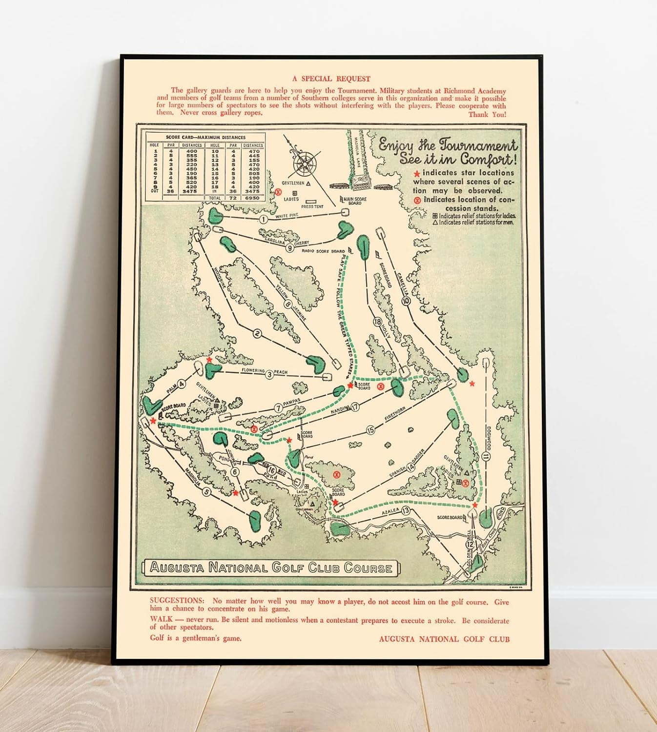 Historic Map Augusta National Golf Club Course, 1954 Unframed Vintage Wall Art (11in x 14in