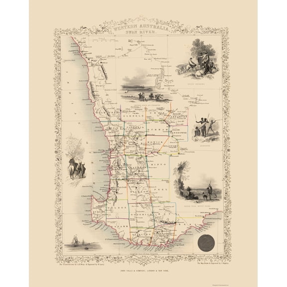 Historic Map - Australia Western - Tallis 1851 - 23 x 28.83 - Vintage Wall Art