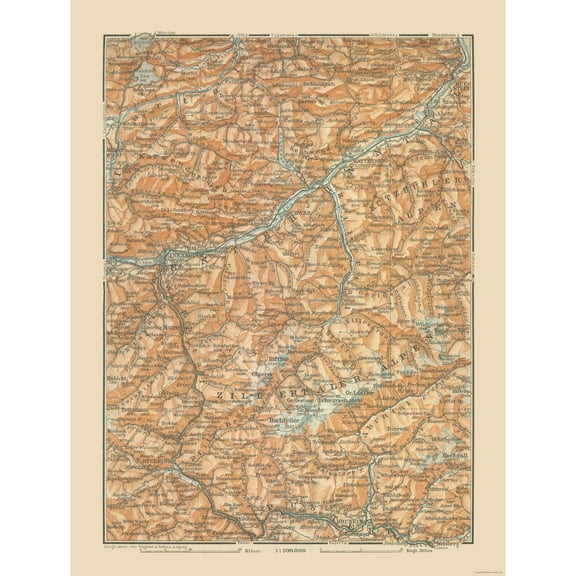 Historic Map - Austria Italy Zill Ertaler Alpen Region - Baedeker 1910 - 23 x 30.44 - Vintage Wall Art