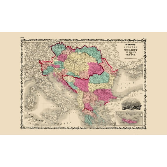 Historic Map - Austria Turkey Greece - Johnson 1860 - Vintage Wall Art