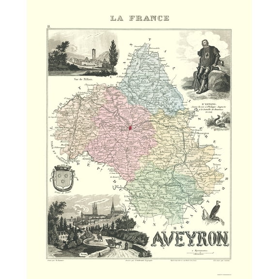 Historic Map - Aveyron Department France - Migeon 1896 - Vintage Wall Art