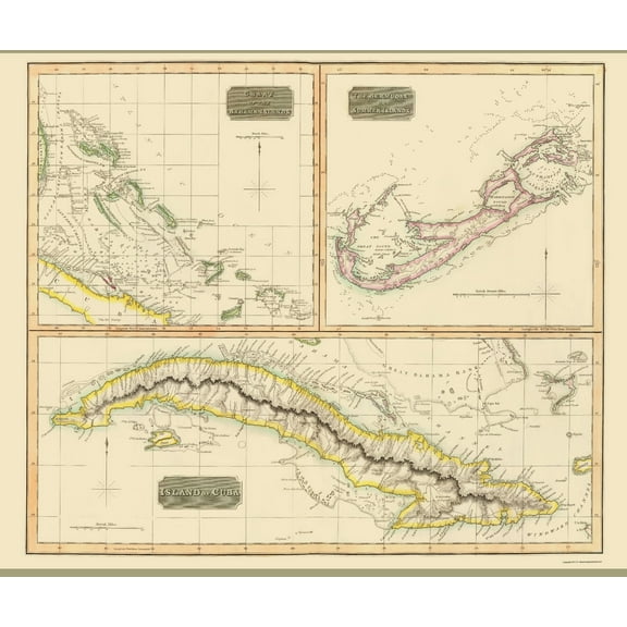 Historic Map - Bahamas Bermuda Cuba Islands - Thomson 1829 - 23 x 27 - Vintage Wall Art