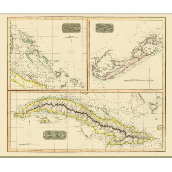 Historic Map - Bahamas Bermuda Cuba Islands - Thomson 1829 - Vintage Wall Art
