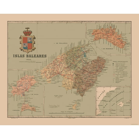 Historic Map - Balearic Islands Spain - Martine 1904 - 28.65 x 23 - Vintage Wall Art