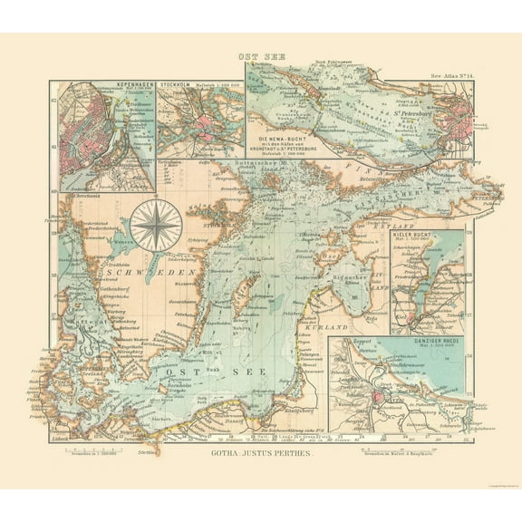 Historic Map - Baltic Sea Sweden Denmark Latvia - Perthes 1914 - 26.26 x 23 - Vintage Wall Art