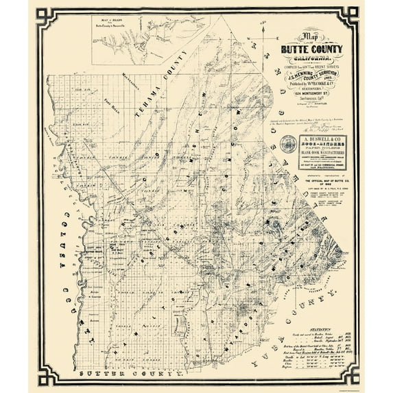 Historic County Map - Butte County California - Henning 1862 - Vintage Wall Art