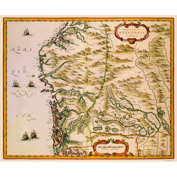 Historic Map - Bergen Norway - Blaeu 1662 - 23 x 27.76 - Vintage Wall Art