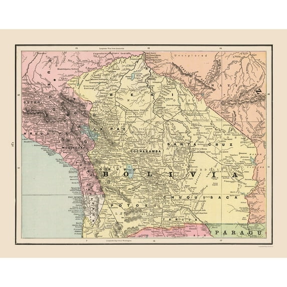 Historic Map - Bolivia - Cram 1892 - Vintage Wall Art