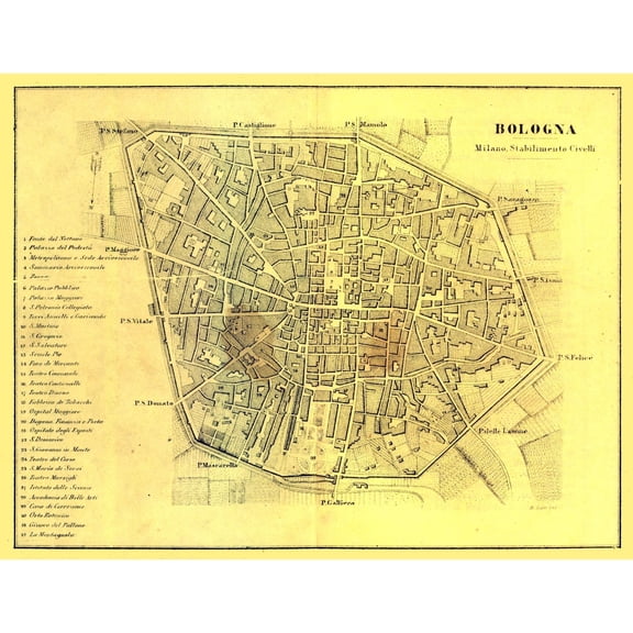 Historic Map - Bologna Italy - Muggiani 1865 - 29.95 x 23 - Vintage Wall Art