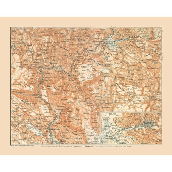 Historic Map - Bosnia Herzegovina Central- Baedeker 1910 - Vintage Wall Art
