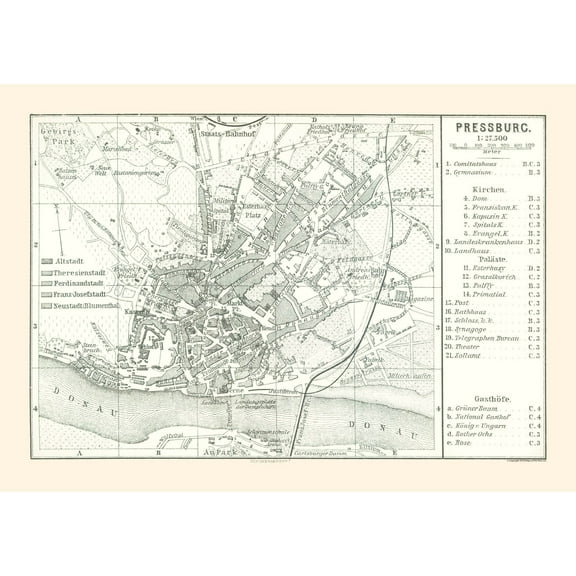 Historic Map - Bratislava Slovakia Europe - Baedeker 1896 - 32.49 x 23 - Vintage Wall Art