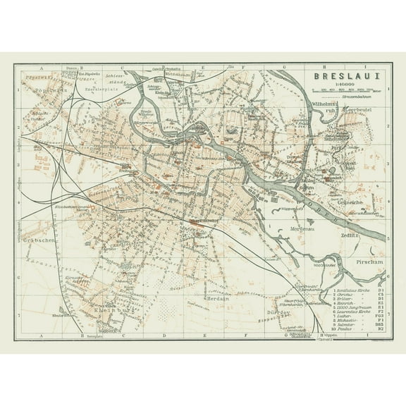 Historic Map - Breslau Poland - Baedeker 1914 - 30.91 x 23 - Vintage Wall Art