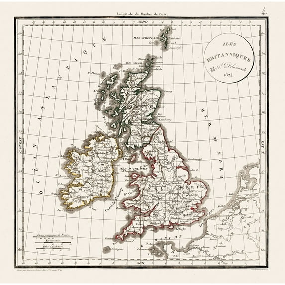 Historic Map - British Isles England - Delamarche 1824 - Vintage Wall Art