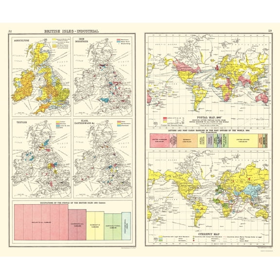 Historic Map - British Isles Industrial Global Currency - Newnes 1907 - 23 x 27 - Vintage Wall Art