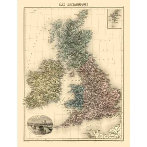 Historic Map - British Isles - Migeon 1892 - 23 x 30.08 - Vintage Wall Art