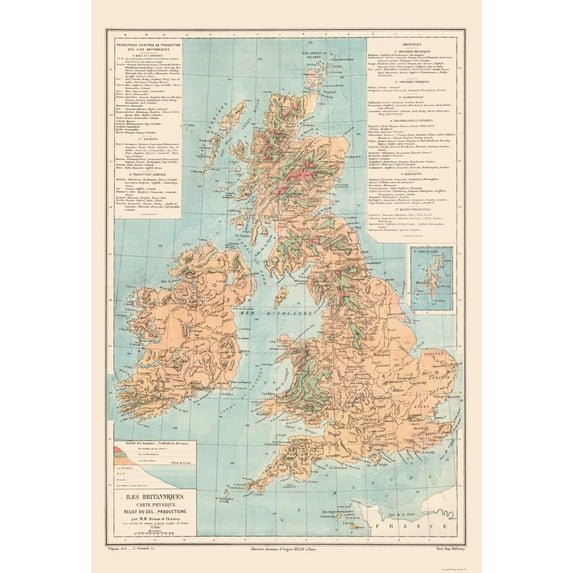Historic Map - British Isles Physical - Drioux 1882 - Vintage Wall Art