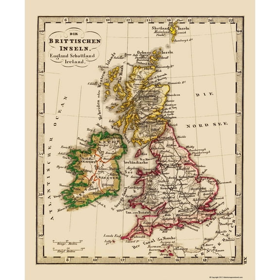 Historic Map - British Isles - Stieler 1852 - 23 x 27.94 - Vintage Wall Art