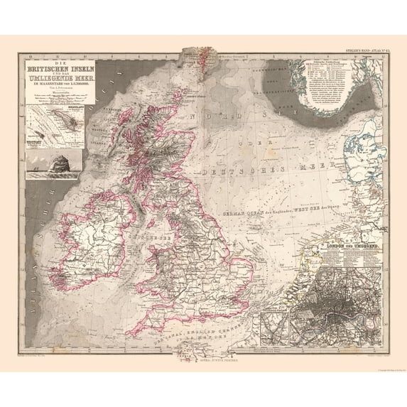 Historic Map - British Isles - Stieler 1885 - Vintage Wall Art