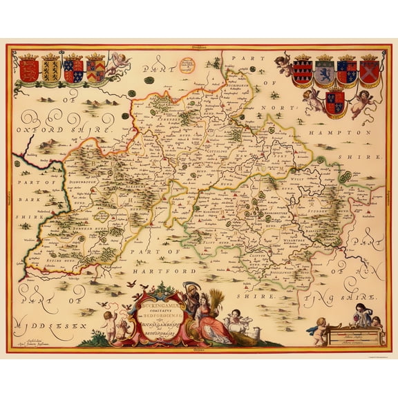 Historic Map - Buckinghamshire County England - Jansson 1646 - 23 x 28 - Vintage Wall Art