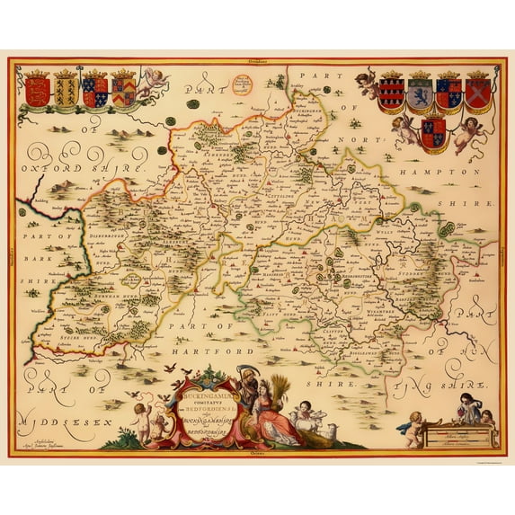 Historic Map - Buckinghamshire County England - Jansson 1646 - Vintage Wall Art