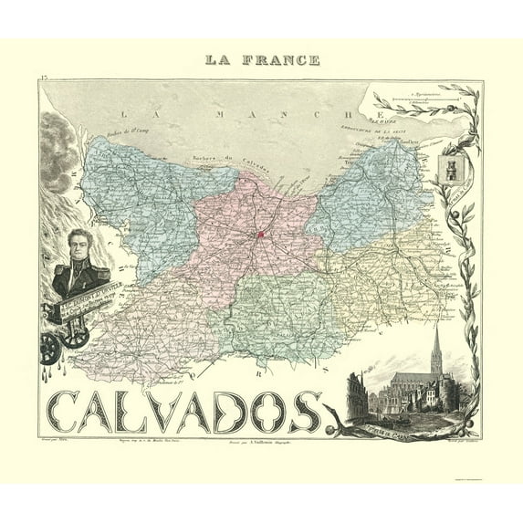 Historic Map - Calvados Department France - Migeon 1869 - Vintage Wall Art