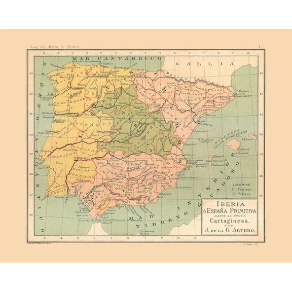 Historic Map - Carthaginian Presence Spain - Artero 1879 - 28.73 x 23 - Vintage Wall Art