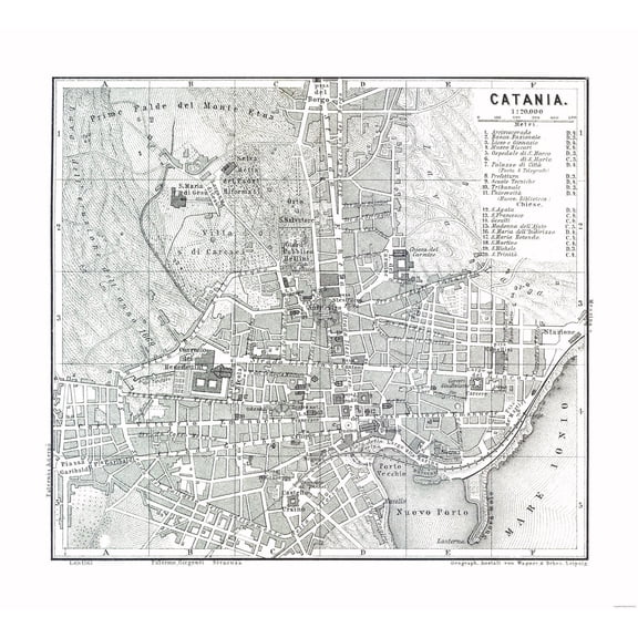Historic Map - Catania Italy - Baedeker 1880 - 25.33 x 23 - Vintage Wall Art