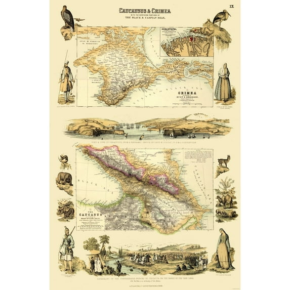 Historic Map - Caucasus Crimea Black Caspian Seas - Edinburgh 1837 - 23 x 34.90 - Vintage Wall Art