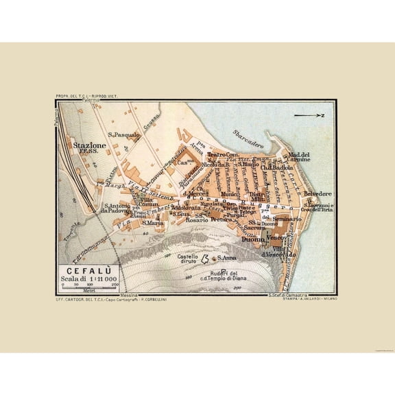 Historic Map - Cefalu Sicily Italy - Baedeker 1880 - Vintage Wall Art