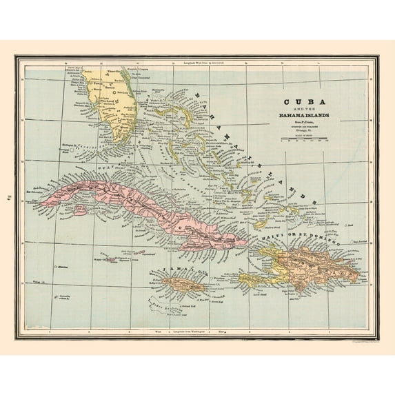 Historic Map - Central America Cuba Bahama Islands - Cram 1888 - 28.80 x 23 - Vintage Wall Art