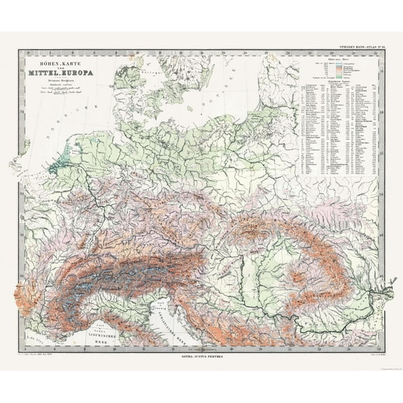 Historic Map - Central Europe Elevations- Stieler 1885 - 27.27 x 23 - Vintage Wall Art