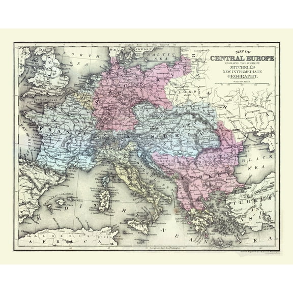 Historic Map - Central Europe - Mitchell 1877 - 28.55 x 23 - Vintage Wall Art