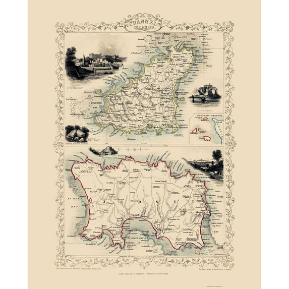 Historic Map - Channel Islands Great Britain - Tallis 1851 - 23 x 28.45 - Vintage Wall Art