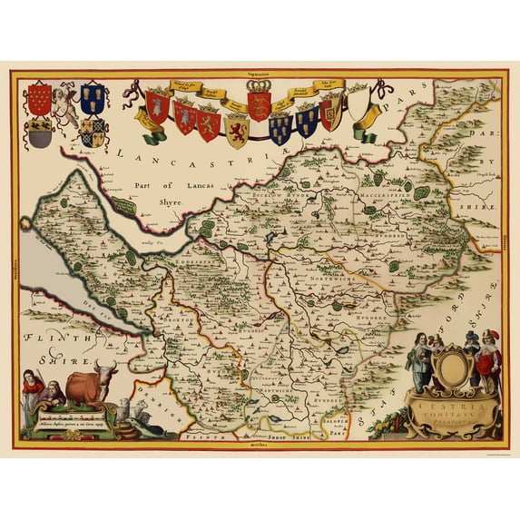 Historic Map - Cheshire County England - Blaeu 1646 - Vintage Wall Art