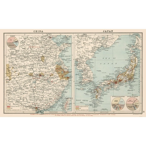 Historic Map - China Japan Exports - Bartholomew 1907 - 38.19 x 23 - Vintage Wall Art
