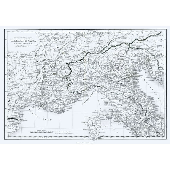 Historic Map - Cisalpine Gaul Rhaetia Noricum Corsica Italy - Oxford 1828 - 33.10 x 23 - Vintage Wall Art