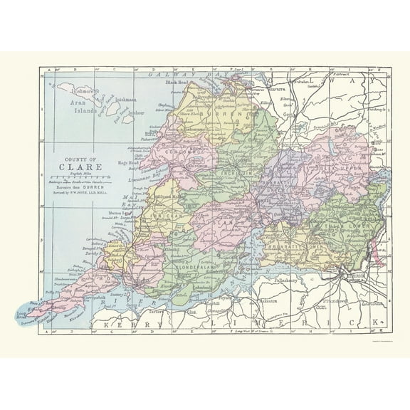Historic Map - Clare County Ireland - Bartholomew 1882 - 23 x 30.71 - Vintage Wall Art