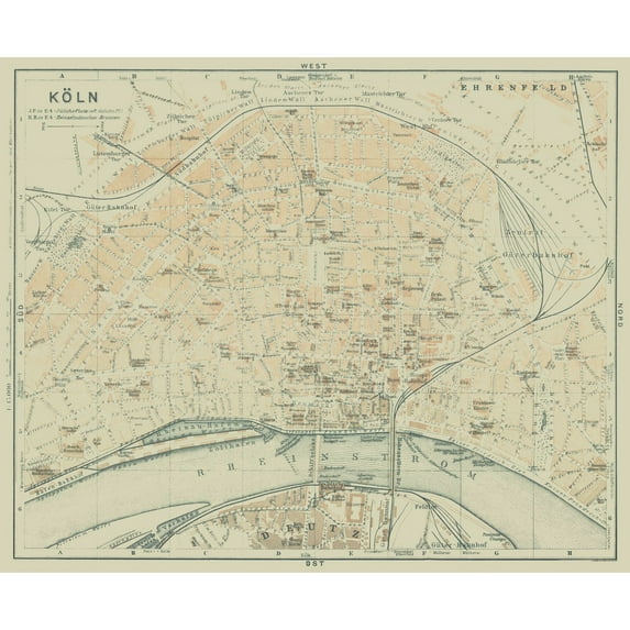 Historic Map - Cologne Germany - Baedeker 1914 - 28.12 x 23 - Vintage Wall Art