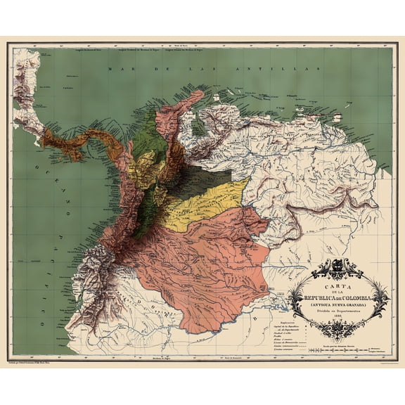 Historic Map - Colombian Republic - Lahure 1886 - 23 x 27.98 - Vintage Wall Art