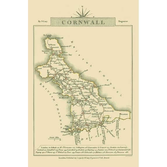 Historic Map - Cornwall County England - Cary 1792 - Vintage Wall Art