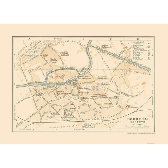 Historic Map - Courtrai Kortrijk Belgium - Baedeker 1910 - 32.06 x 23 - Vintage Wall Art