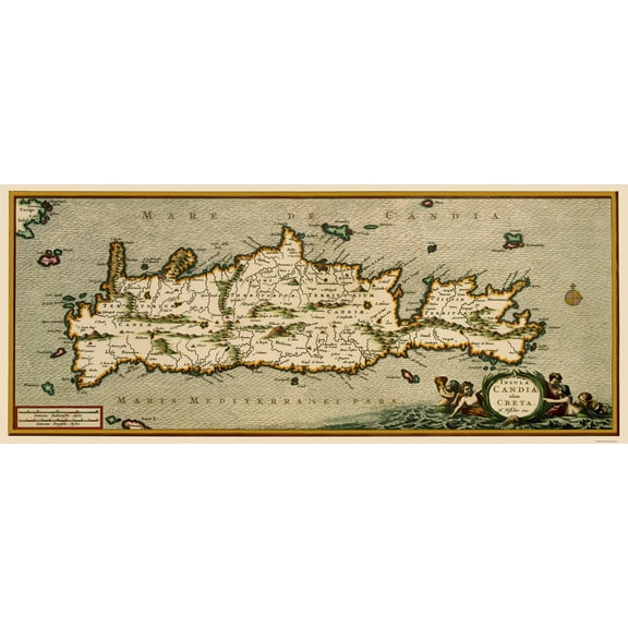 Historic Map - Crete Greece - Visscher 1680 - 23 x 55.56 - Vintage Wall Art