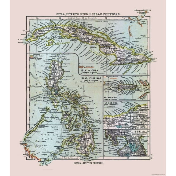 Historic Map - Cuba Puerto Rico Philippines - Perthes 1921 - 23 x 25.92 - Vintage Wall Art