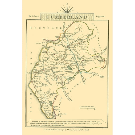 Historic Map - Cumberland County England - Cary 1792 - Vintage Wall Art