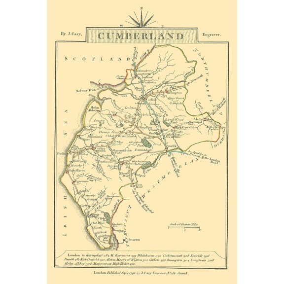 Historic Map - Cumberland County England - Cary 1792 - Vintage Wall Art