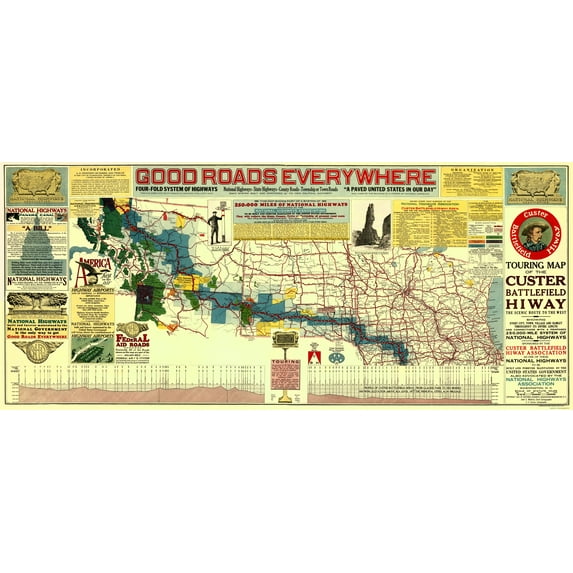 Historic Map - Custer Battlefield Highway - Mulford 1925 - 23 x 52.93 - Vintage Wall Art
