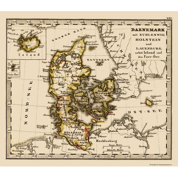 Historic Map - Denmark Iceland - Stieler 1852 - Vintage Wall Art