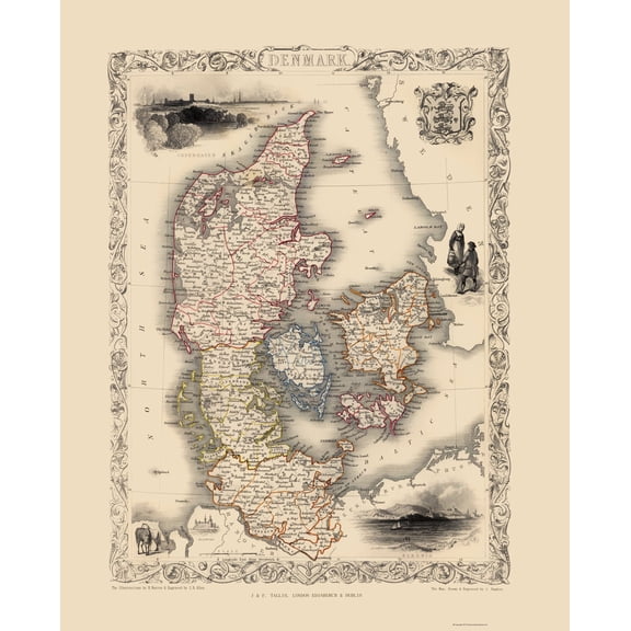 Historic Map - Denmark - Tallis 1851 - 23 x 28.45 - Vintage Wall Art