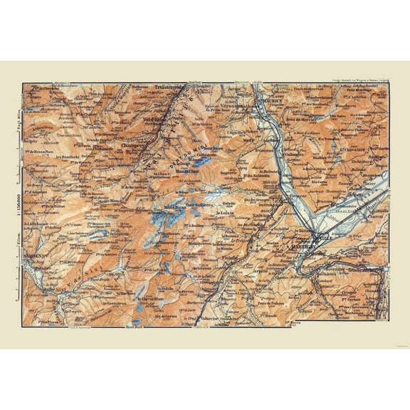 Historic Map - Dents du Midi Switzerland France - Baedeker 1921 - 32.70 x 23 - Vintage Wall Art